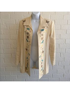 Vtg Pursuits Ltd Ivory Linen Open Front Jacket Embroidered flowers Butterflies12